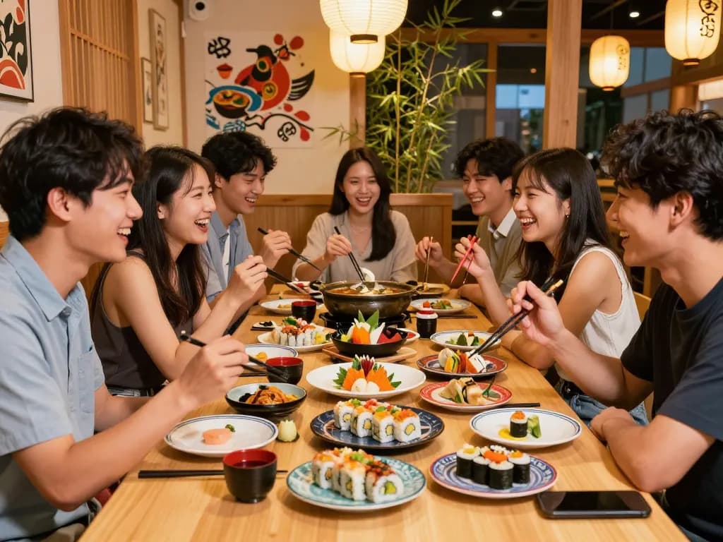 Friends enjoying a delicious sushi meal at RED88 Asian Bistro, vibrant dishes and warm atmosphere.