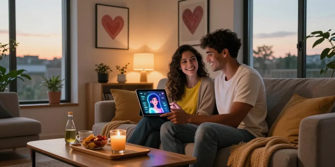Young couple enjoying time with their AI girlfriend chatbot in a cozy setting