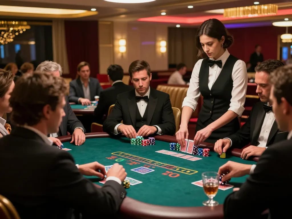 Players at HITCLUB's blackjack table strategizing their next moves amidst vibrant casino atmosphere