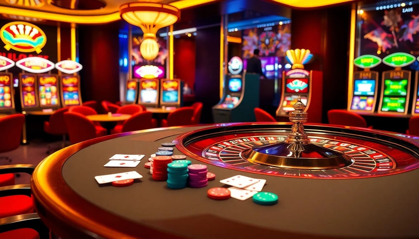 An exhilarating gambling scene at https://xx88.day/ featuring a vibrant poker table and roulette wheel, exuding excitement.