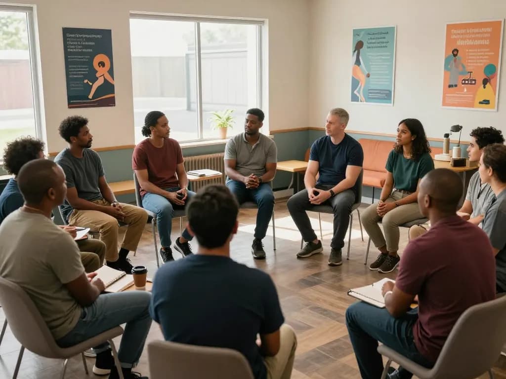 Men sharing stories in a supportive manclub community gathering for mental wellness.