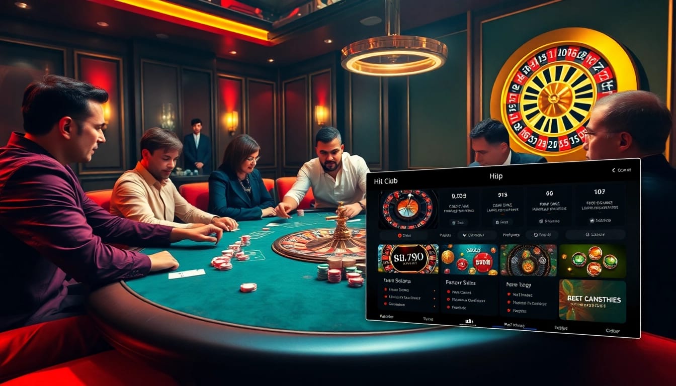 Hit club gamblers strategizing at a luxurious poker table with vibrant atmosphere.