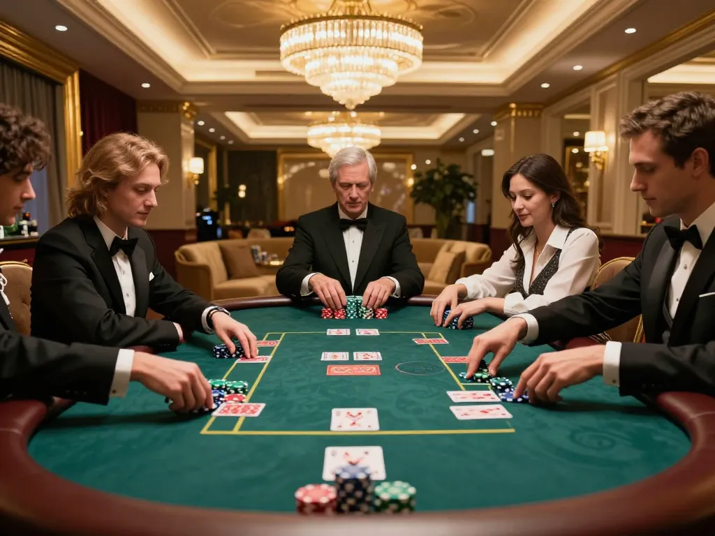 kkwin2 players strategizing over poker chips in a luxurious casino