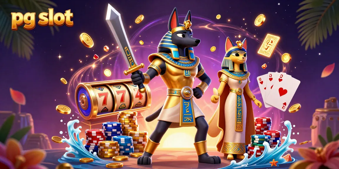 Experience thrilling pg slot action with Anubis and Bastet in an exciting casino scene filled with gems.