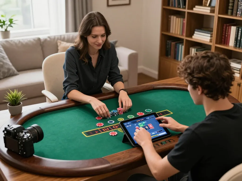 Player engaging in live dealer blackjack on tablet showcasing SC88 strategy techniques in a cozy home office