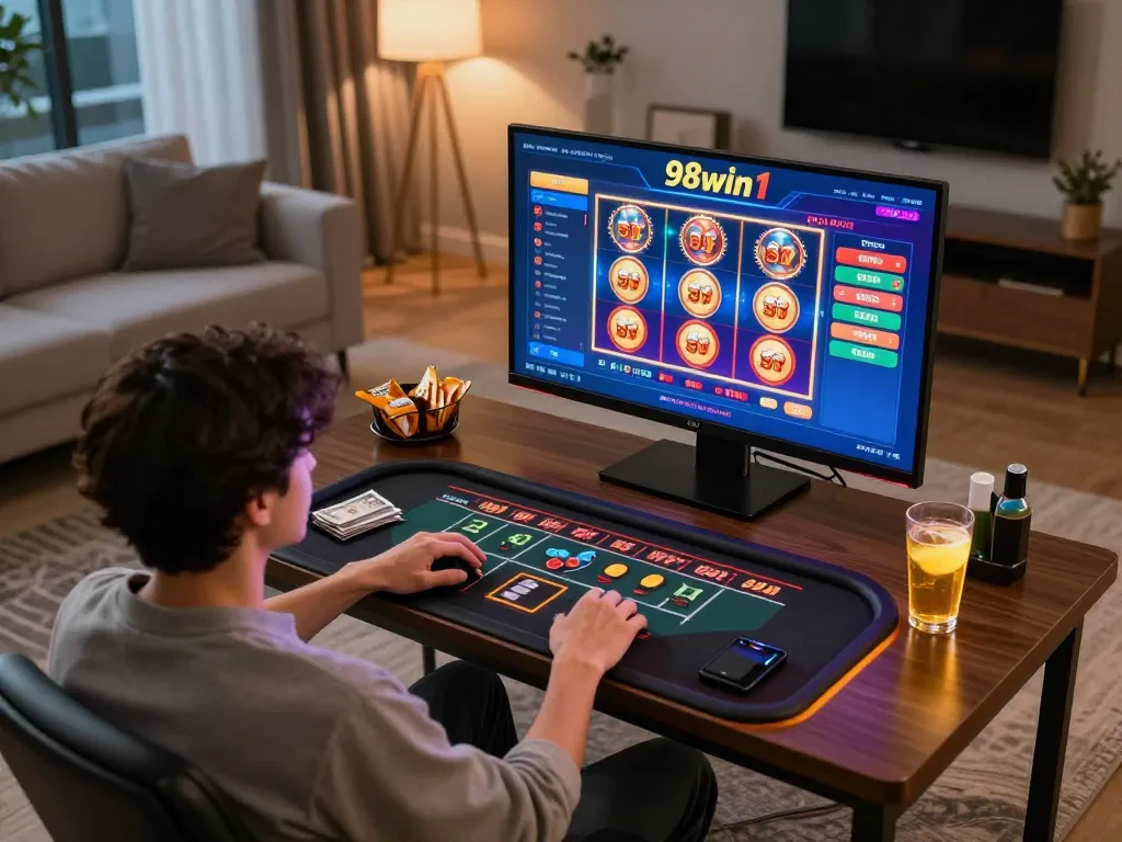 Player engaging with the 98win1 online casino platform in a cozy home setting, showcasing gaming excitement.