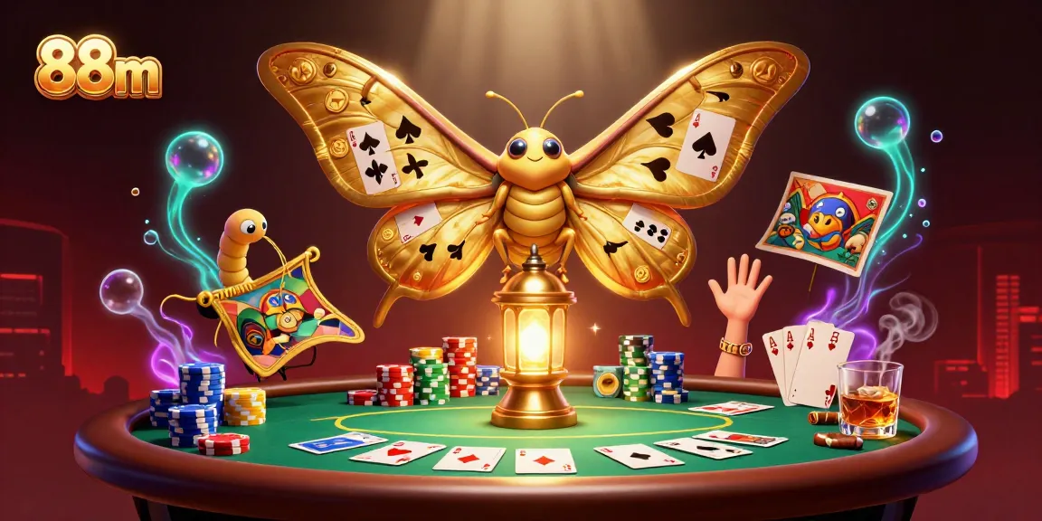 Engage with 88m's vibrant casino fantasy featuring an atlas moth and poker elements.