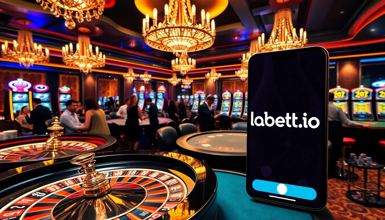 Players enjoy the thrilling atmosphere at thabett.io casino, engaging with roulette and poker tables.