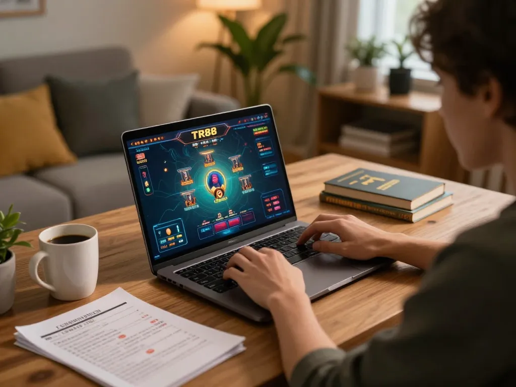 Engaged player enjoying a TR88 game online with strategic notes and warm ambiance.
