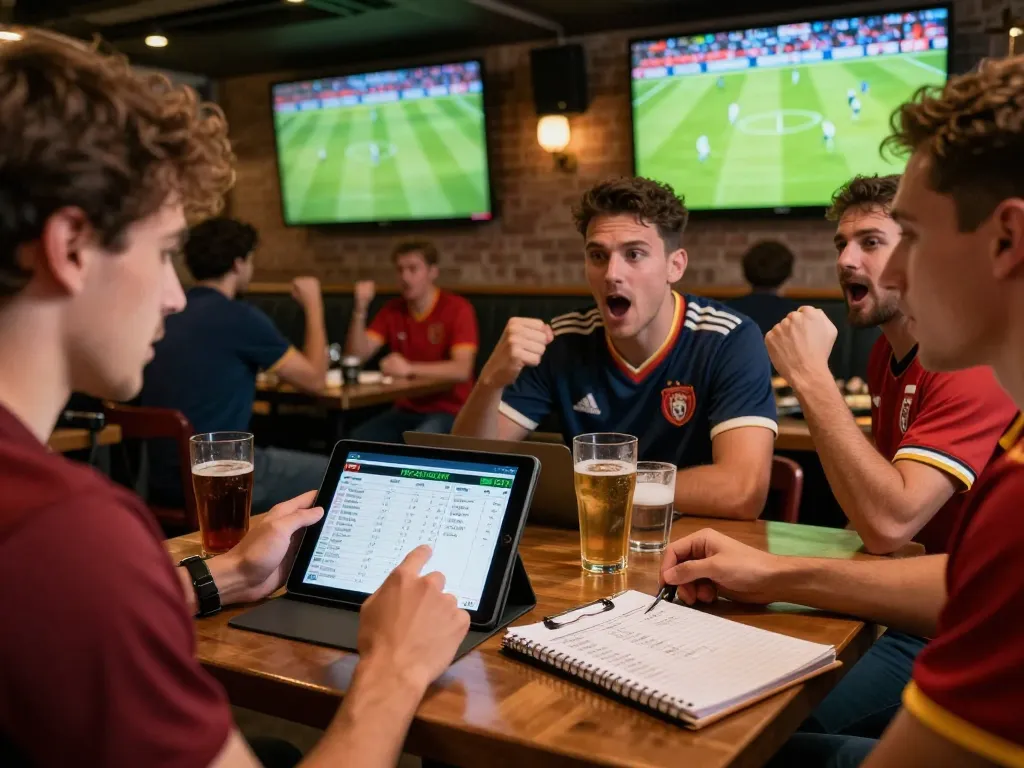 Enthusiastic bettor analyzing tỷ lệ kèo bóng đá in a lively pub, surrounded by cheering fans and screens displaying live football matches.