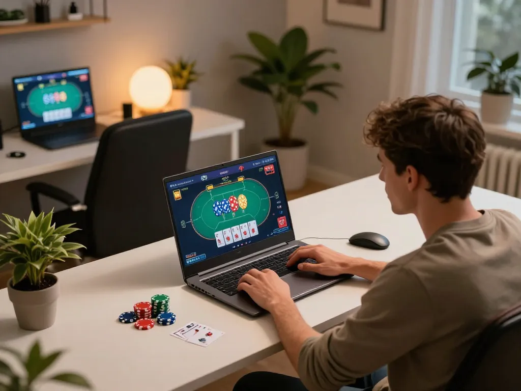 Player engaging with online poker interface on https://7m.us.com/, showcasing chips and cards in a cozy setup.