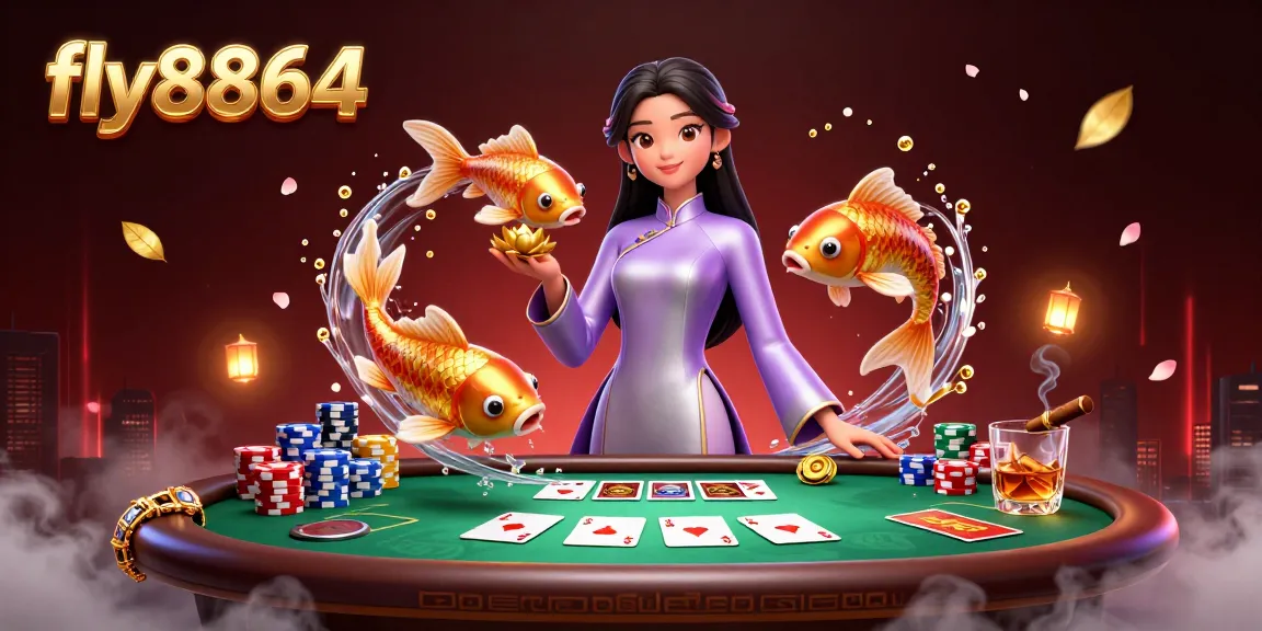 Experience poker action at fly8864 with a beautiful Asian woman, koi fish, and vibrant poker elements.