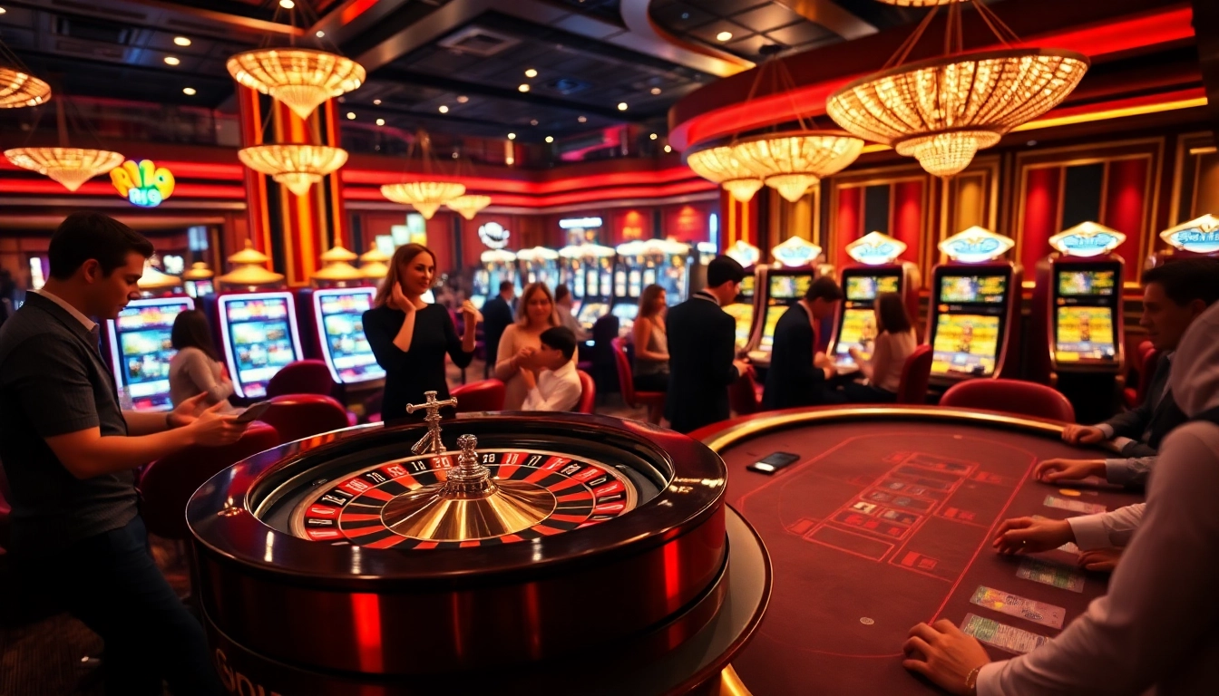 Experience high-stakes gaming action at RR99 with a vibrant casino scene featuring roulette and poker.