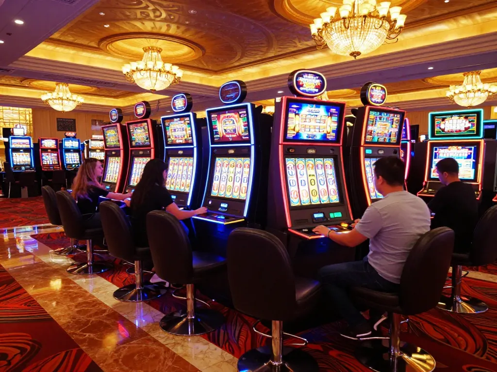 Players engaging with vibrant slot machines in a luxurious casino setting featuring sunwin20 themes