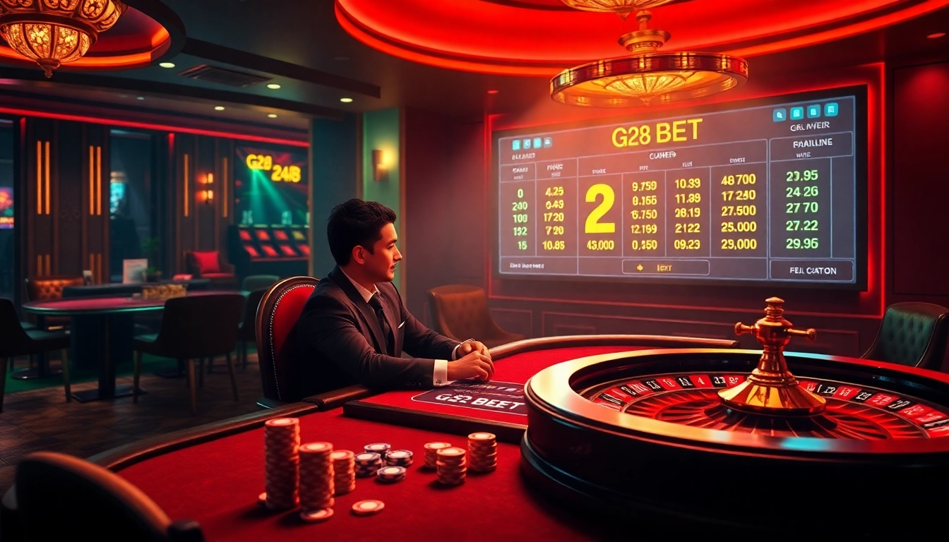 Experience the thrilling g28 bet at a luxurious casino table with vibrant graphics and professional ambiance.