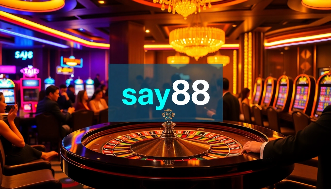 SAY88 casino scene with excited players around a roulette table and vibrant slot machines.