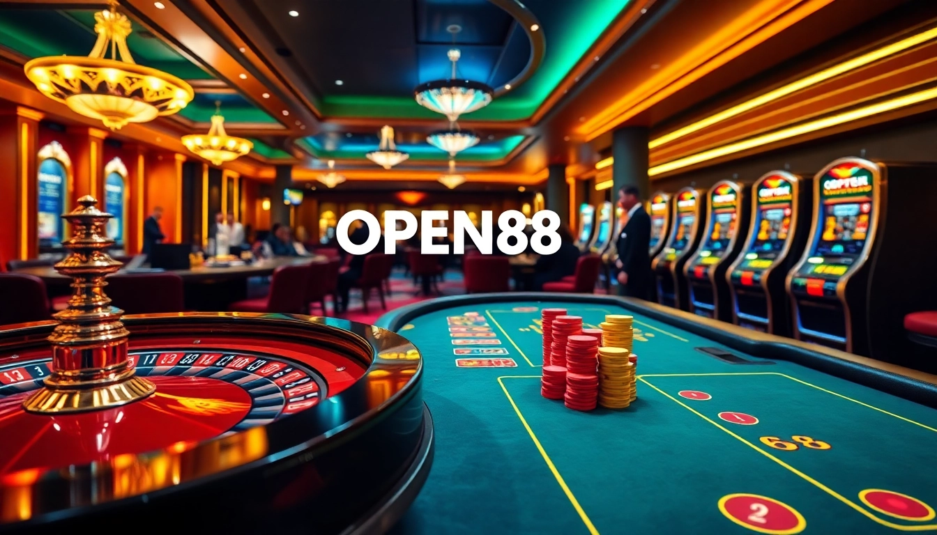 OPEN88 gaming setup featuring a thrilling roulette table and vibrant slot machines.