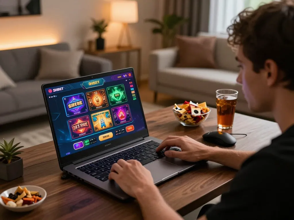 Engaged player exploring SHBET online casino interface on laptop, showcasing dynamic gaming action