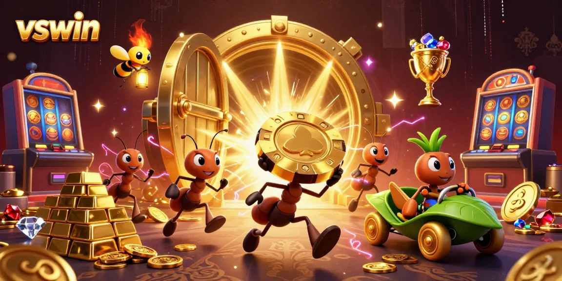 Experience the thrilling heist of vswin with cartoon ants, treasures, and dynamic gaming elements.