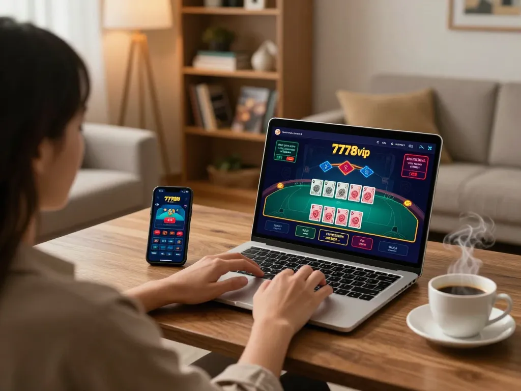 Player engaged in online gambling on 77789vip with live dealer game displayed on laptop.