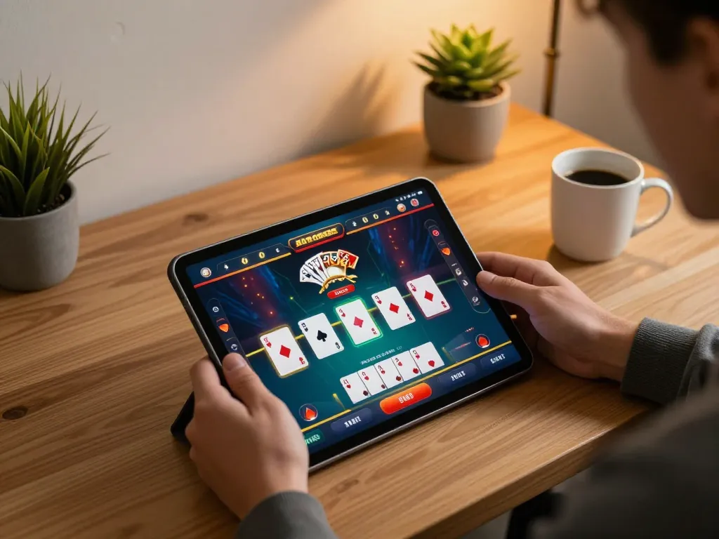 Person playing on a RED88 mobile casino app, highlighting strategic betting with engaging game visuals.