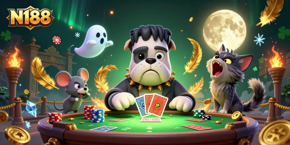 N188 gamers enjoying a vibrant casino environment with a unique Frankenstein bulldog and werewolf kitten characters.