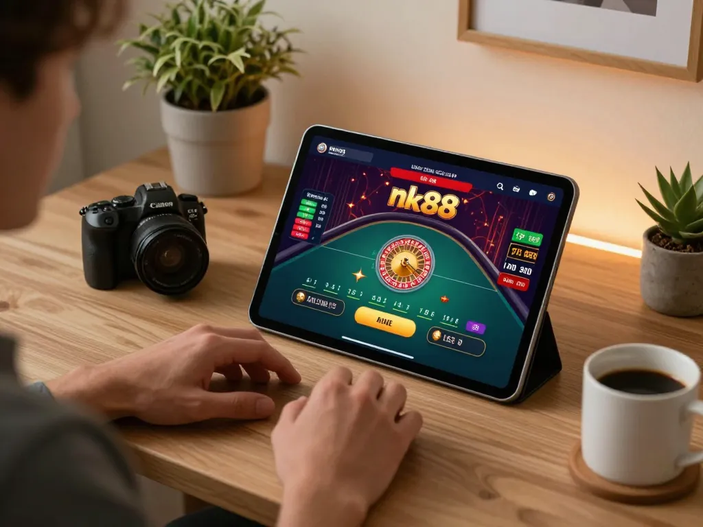 Engaging with the nhà cái nk88 casino app on a tablet, showcasing live dealer roulette.