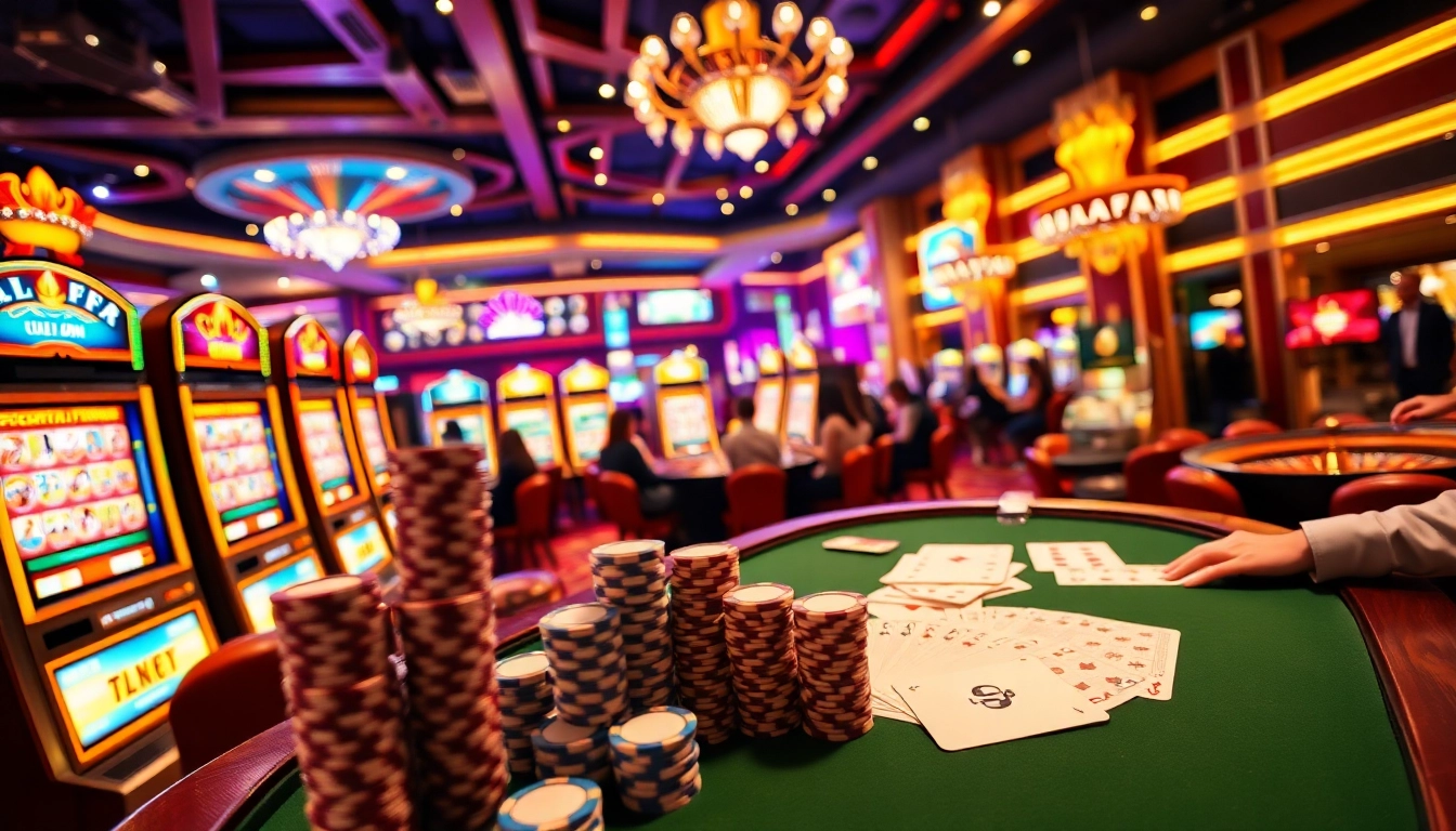 Players winning at QQALFA's vibrant casino scene with slot machines and poker chips.