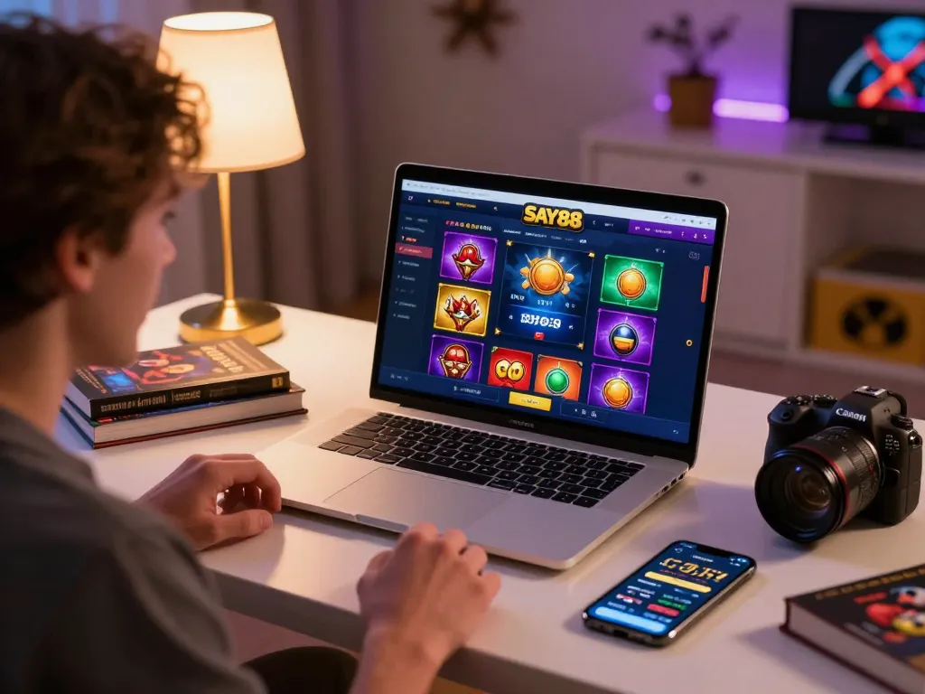 SAY88 online gaming session on laptop with player analyzing strategies and gameplay.
