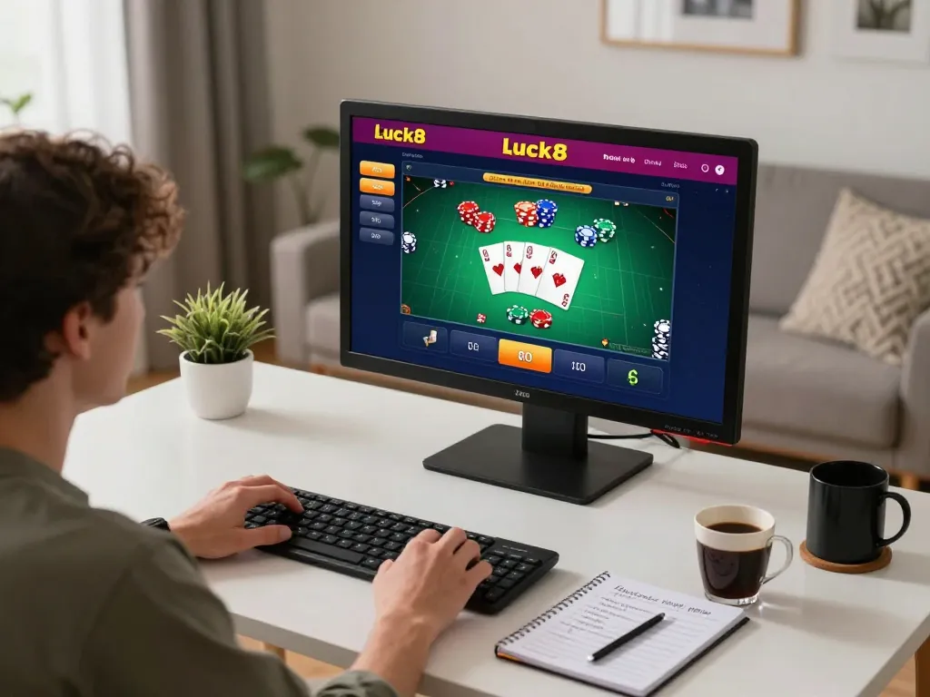 Engaging moment at luck8 casino with player immersed in online poker action.