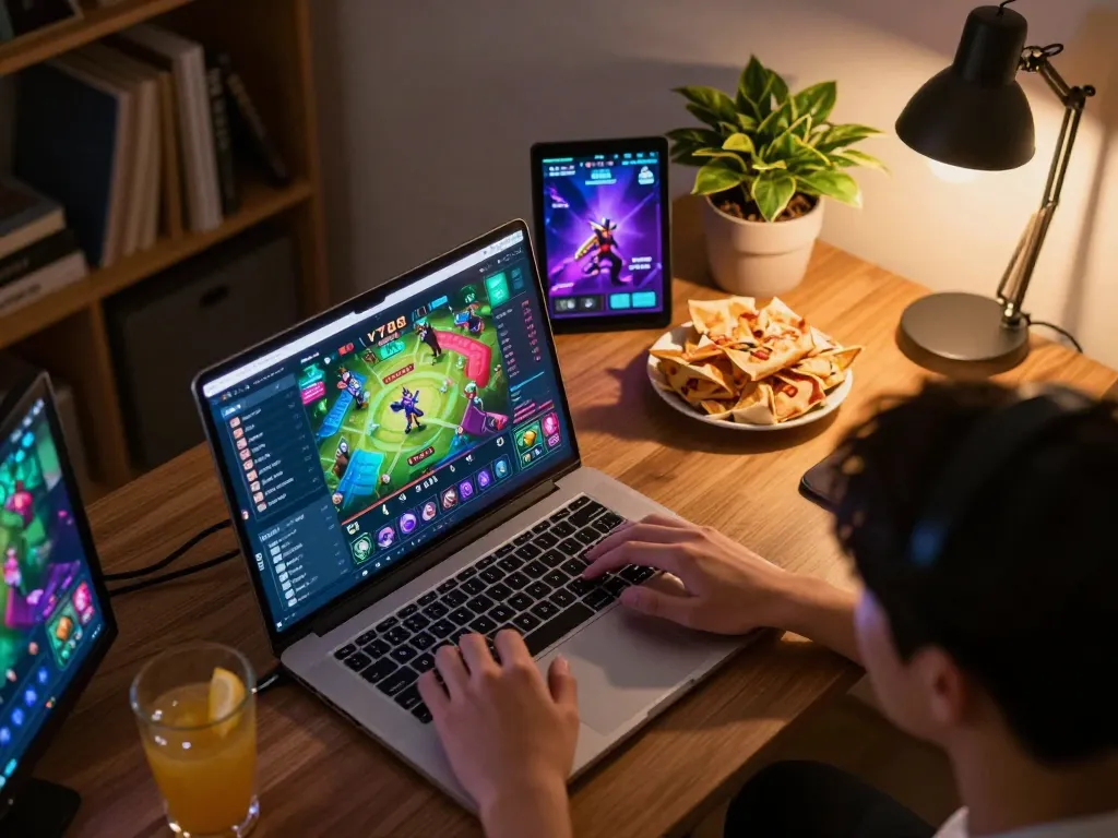 Player enjoying v788 game on laptop with multiple games displayed, cozy home setting, focused on strategic gameplay