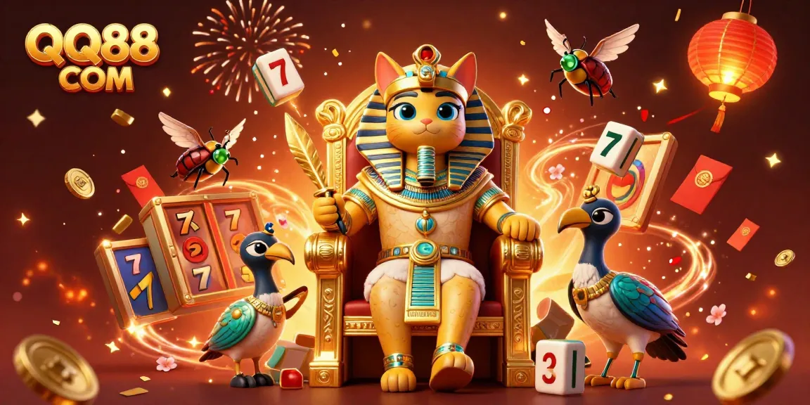Play thrilling games at QQ88 COM with an Egyptian pharaoh cat among lucky symbols and vibrant celebrations.