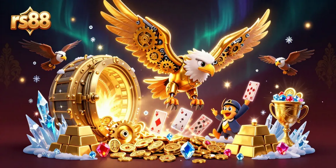 Experience thrilling gameplay at rs88 with a vibrant 3D illustration featuring a golden eagle and holographic cards.