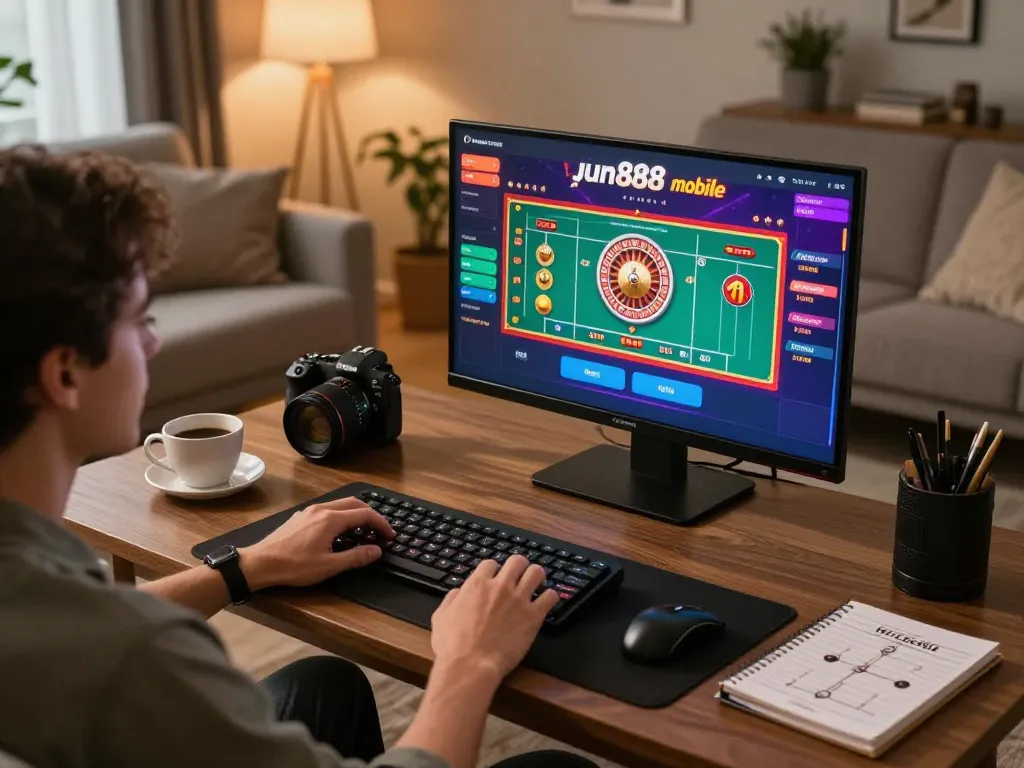 Engaging with the jun888 mobile app at home during a vibrant roulette game session