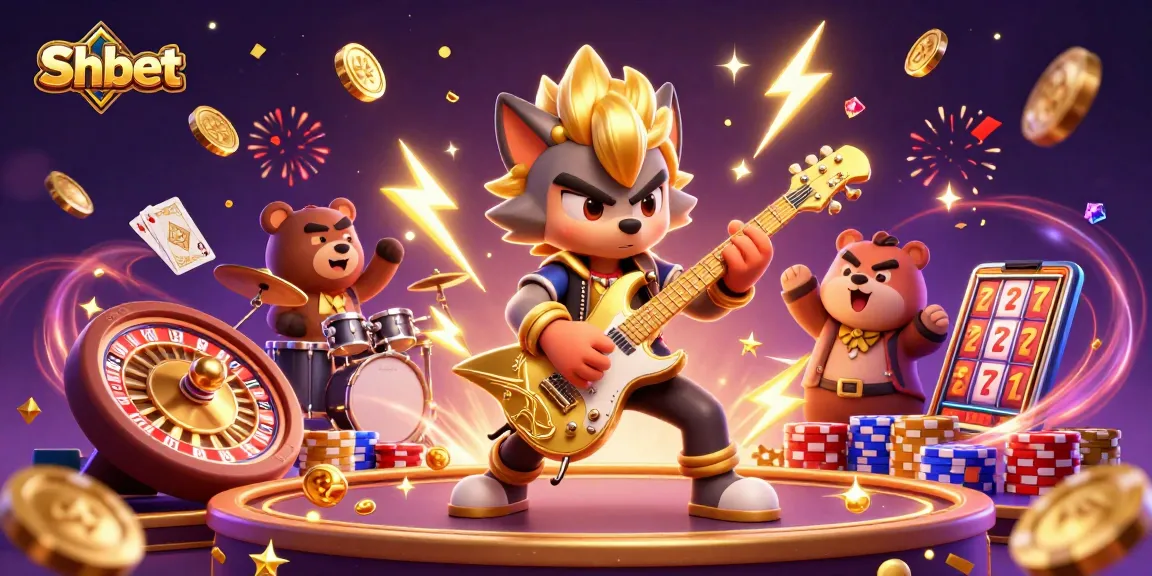 Experience thrilling gameplay at Shbet with a vibrant casino scene featuring a rock star wolf and dynamic game elements.