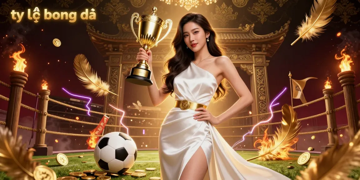 Tỷ lệ bóng đá represented in a dynamic scene showcasing sports betting triumph with an Asian woman holding a trophy amidst vibrant elements.