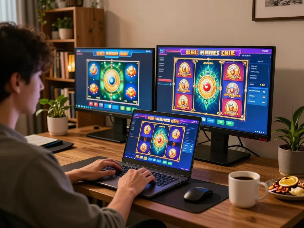 Sesi menarik permainan slot online di laptop dalam suasana rumah yang nyaman.