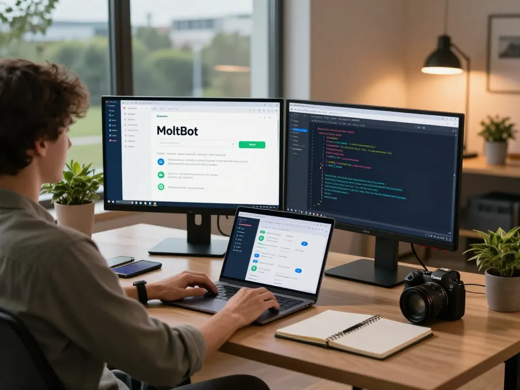 Engaging workspace featuring MoltBot AI assistant interface on screens, enhancing productivity and task management.