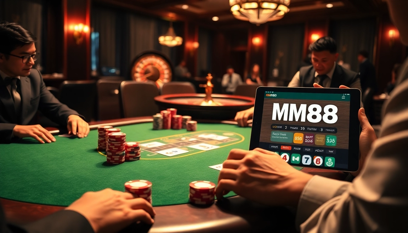Experience thrilling gameplay at https://mm88.london/ with a vibrant poker scene full of chips and cards.