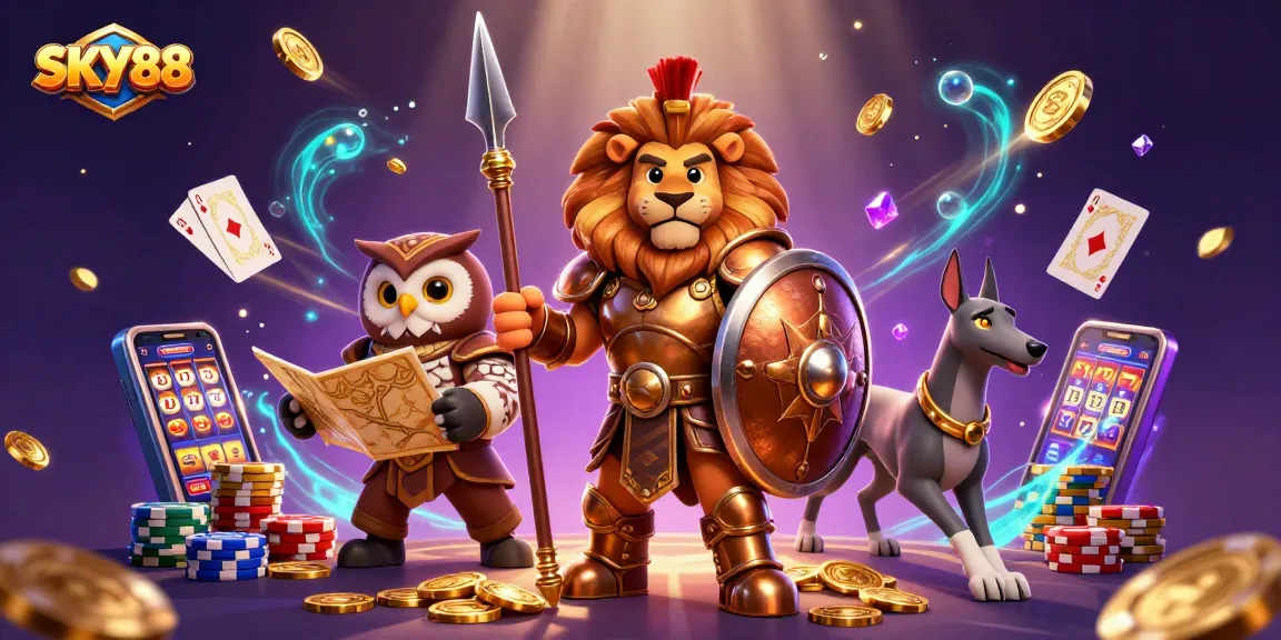 Experience thrilling gameplay with SKY88's action-packed tokens and hero characters in a vibrant casino scene.