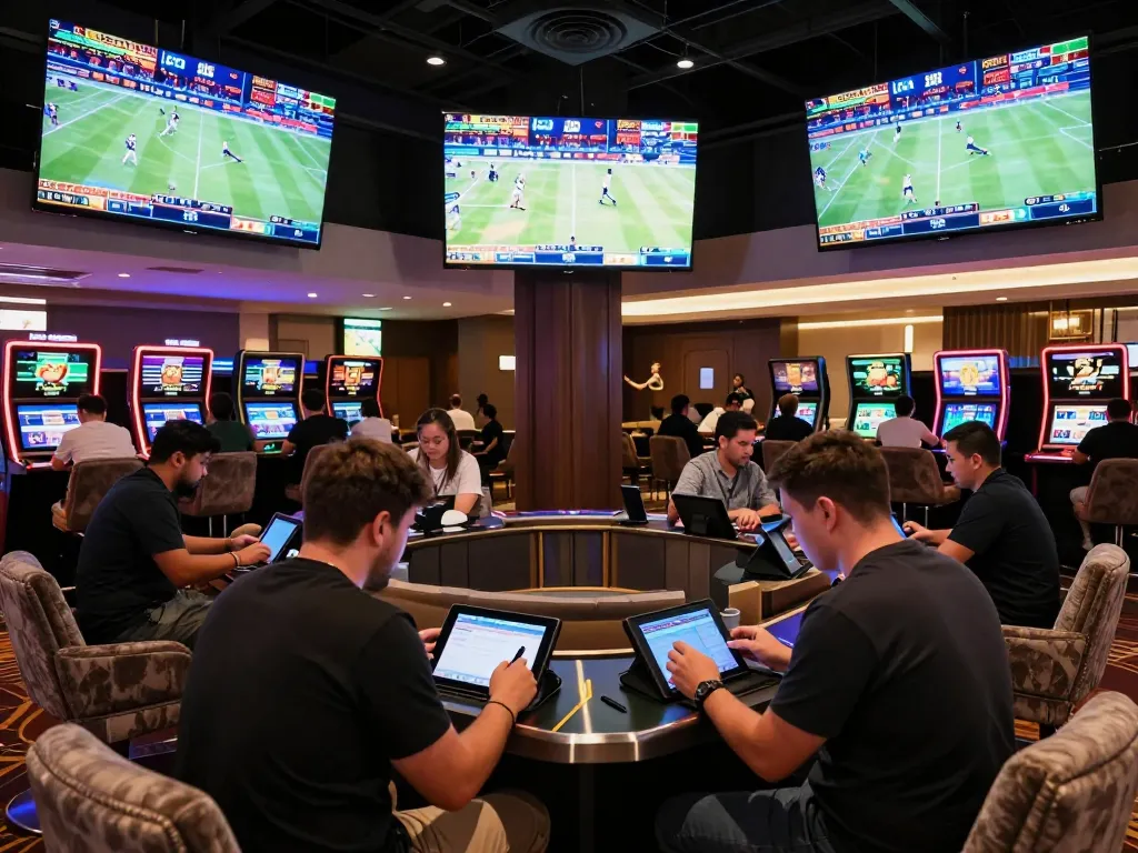 Placing bets on sports at tylekeonhacai88 in a vibrant casino atmosphere.