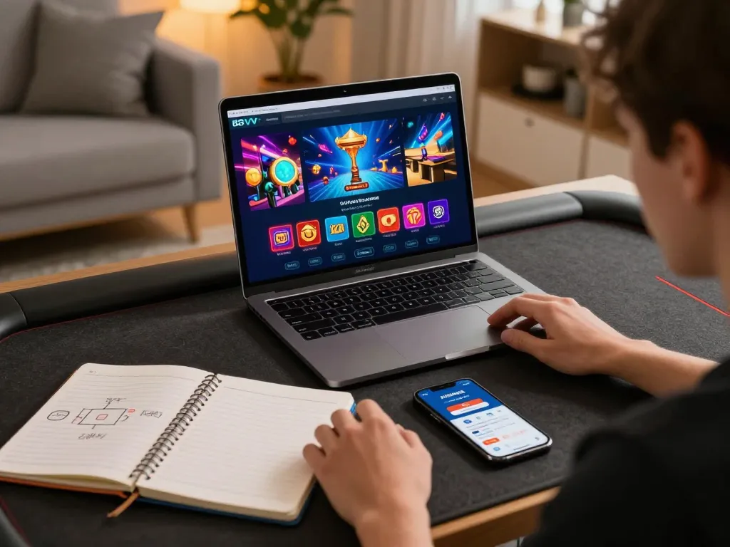 Player enjoying online gaming at 88VV casino platform with strategy notes and vibrant visuals.