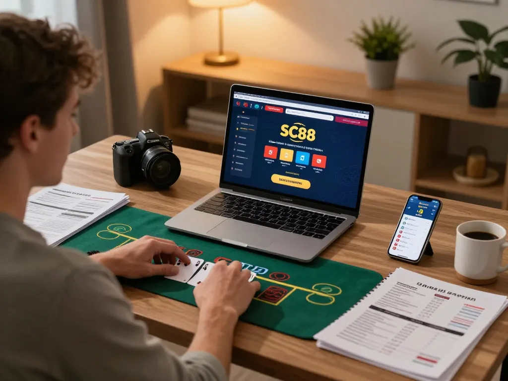 Engaged player using SC88 for live dealer blackjack in a cozy home office setting.
