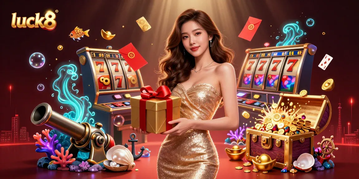 Experience the thrill of luck8 as coins spill from a gift box in a vibrant Asian-themed casino scene.