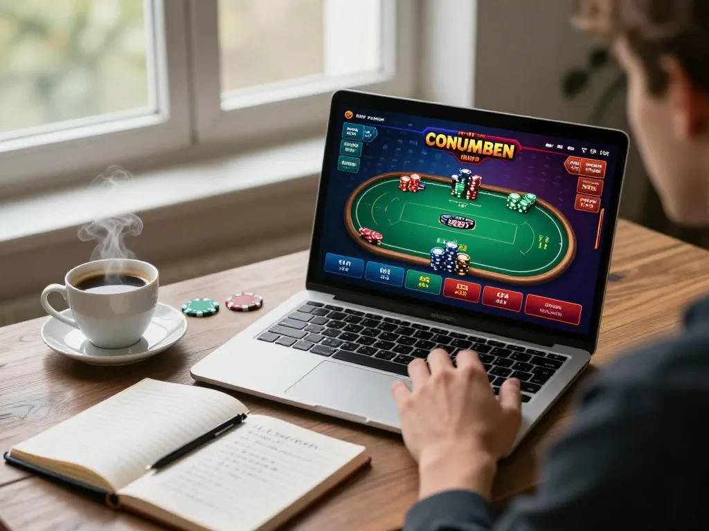 Tải Go88 while enjoying an engaging online casino experience on a laptop, highlighting strategic gameplay in a cozy setting.