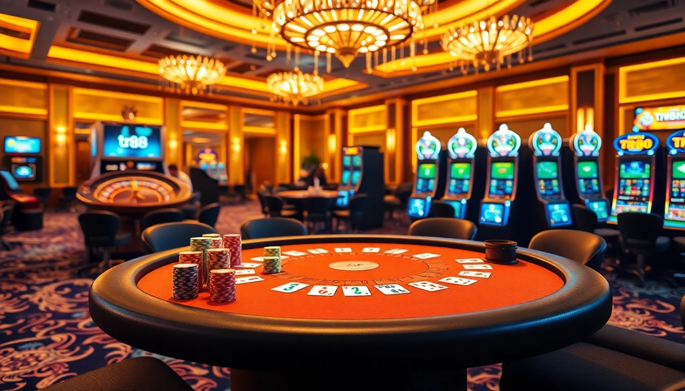 Exciting poker game at the TR88 casino with vibrant chips and cards.