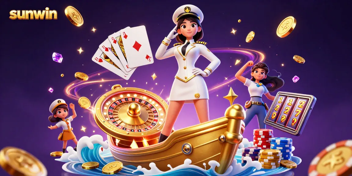 Experience thrilling wins with sunwin in this vibrant casino illustration filled with gold coins and games.