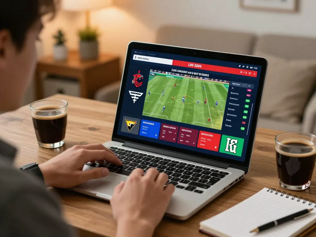 Engaging in online sports betting on laptop, showcasing VB88 live odds and strategy tracking.