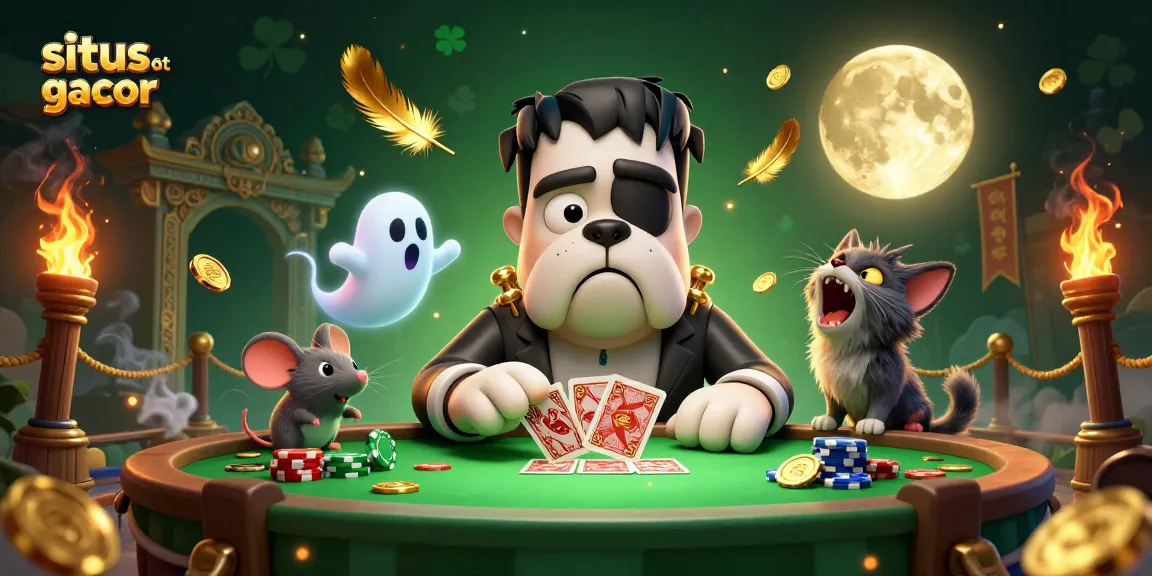 Experience exciting gameplay with situs slot gacor featuring a bulldog monster dealing cards and vibrant slot elements.