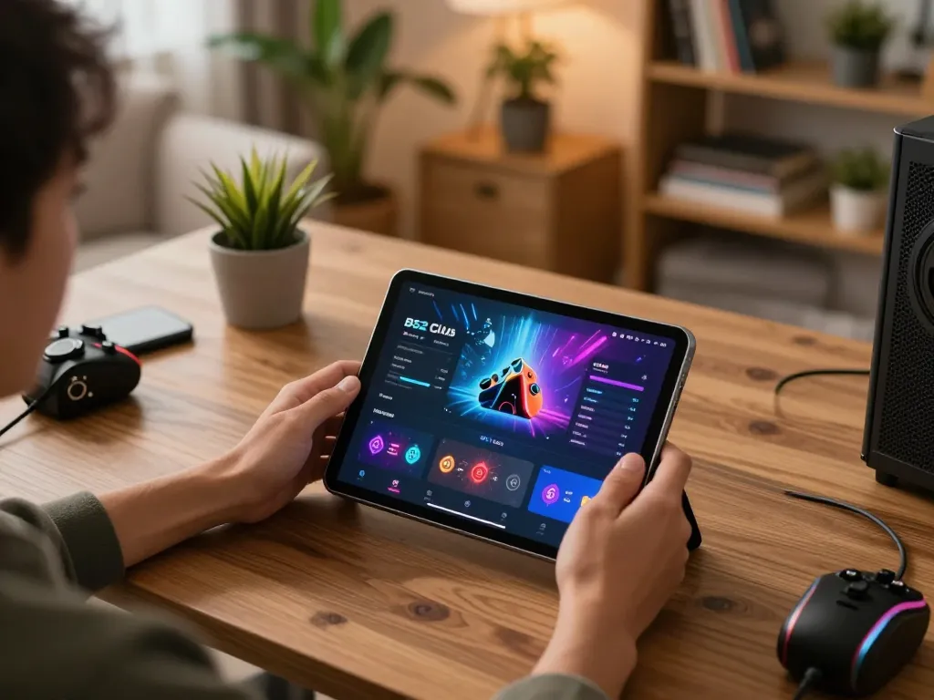 B52 Club player engaging with tablet app for online gaming strategy in cozy home setting.
